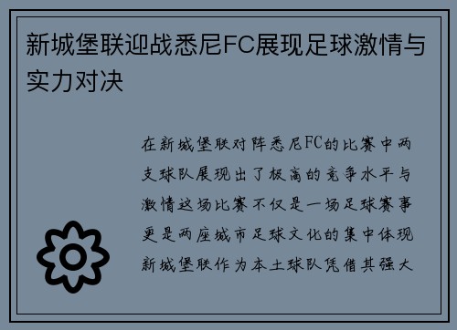 新城堡联迎战悉尼FC展现足球激情与实力对决